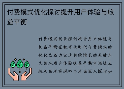 付费模式优化探讨提升用户体验与收益平衡
