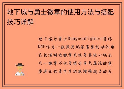地下城与勇士徽章的使用方法与搭配技巧详解 地下城与勇士徽章的使用方法与搭配技巧详解